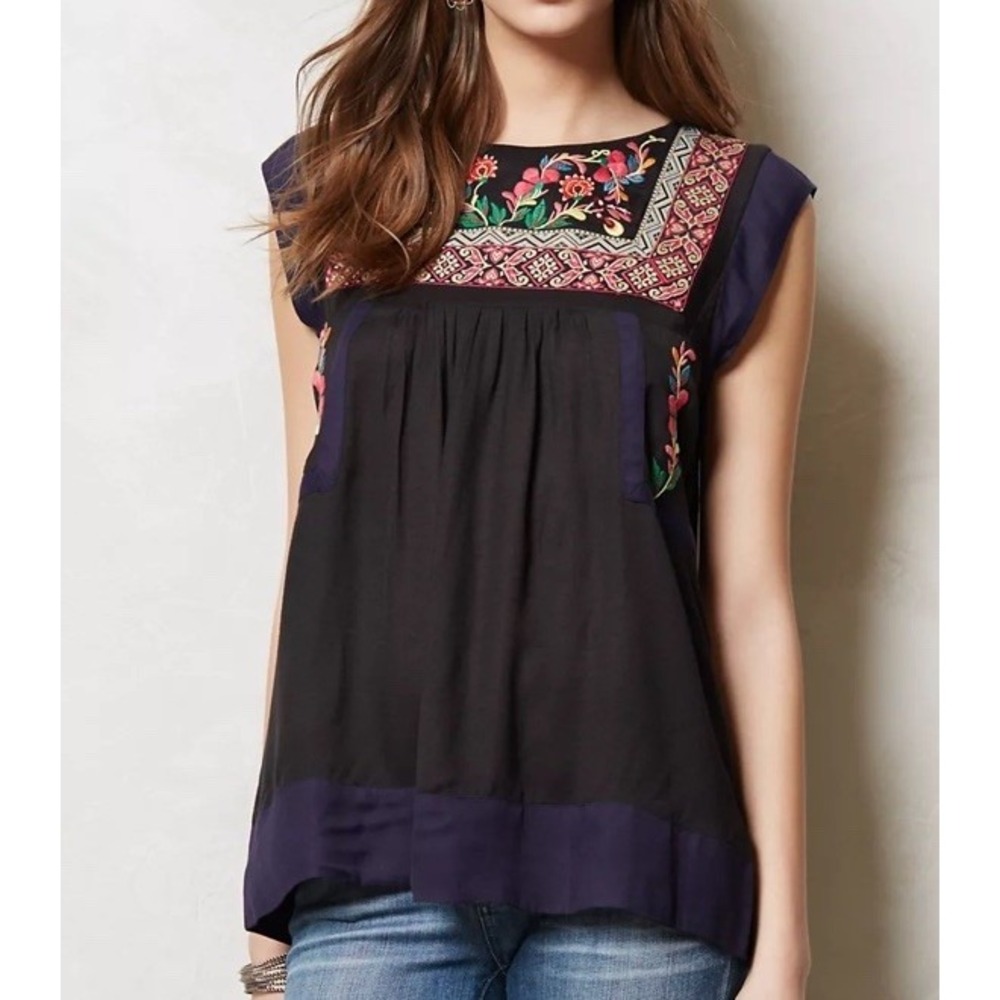 Floreat Anthropologie Women's SIZE 8 Kyra Embroidered Tunic Floral Boho Blouse‎